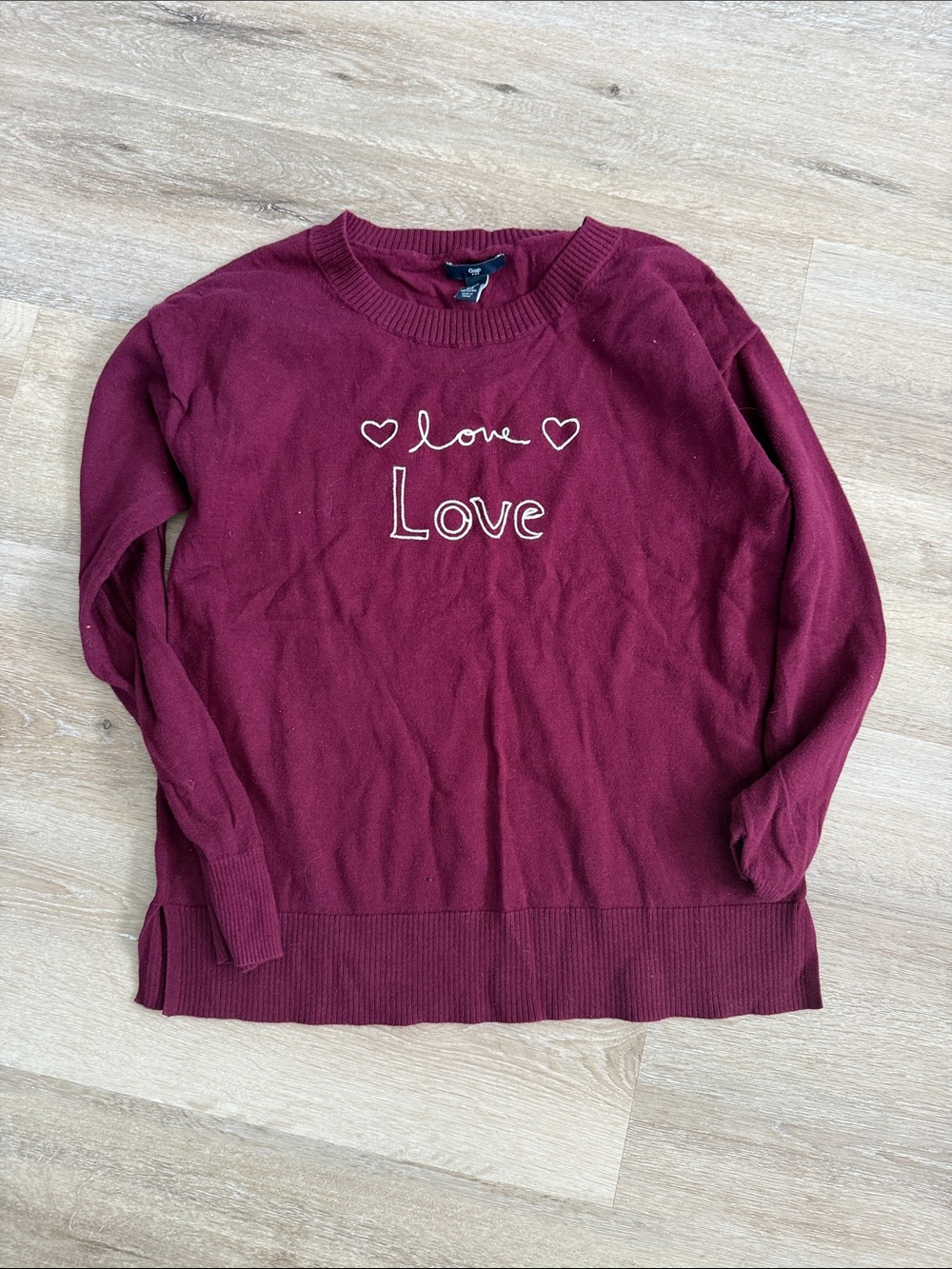 GAP Maroon Crewneck Sweater with 'Love' Embroidered Front